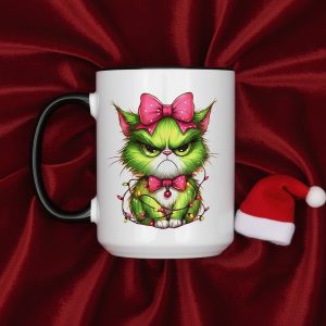 Grumpy Green Cat Christmas Mug | Funny Holiday Coffee Cup for Teens | Barbiecore Aesthetic Gift | Cute Xmas Stocking Stuffer | Pink Bow Grinchy Kitty
