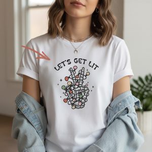 Let's Get Lit Skeleton Hand Christmas T-Shirt | Funny Holiday Party Tee | Peace Sign with Lights | Spooky Xmas Gift for Him Her | Festive Skeleton Crewneck