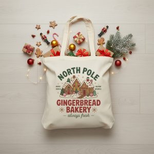 North Pole Gingerbread Bakery Tote Bag | Christmas Holiday Canvas Shopper | Reusable Gift Bag | Festive Winter Market Carryall | Unique Xmas Present for Bakers & Cookie Lovers
