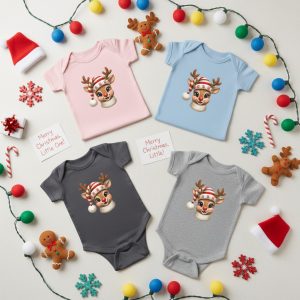 Rabbit Skins Toddler Reindeer Christmas Bodysuit, Faux Yarn Crochet, Baby's First Holiday Outfit, Gray Pink Blue Charcoal
