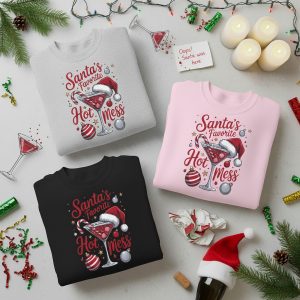 Santa's Favorite Hot Mess Unisex Sweatshirt | Funny Christmas Martini Jumper | Cozy Holiday Party Top | Festive Drinking Gift for Her | Naughty or Nice Crewneck