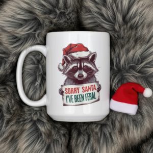 Sorry Santa I've Been Feral Mug | Funny Raccoon Christmas Gift | Naughty List Coffee Cup | Chaotic Holiday Sweater Weather Mug | Secret Santa Exchange