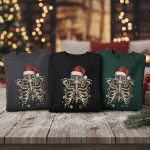 Unisex Funny Christmas Skeleton Sweater, Dabbing Santa Ribcage Lights, Holiday Party Jumper, Dark Humor Xmas Gift, Spooky Festive Crewneck