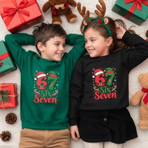 Youth Christmas Six Seven 67 Meme Sweatshirt - Festive Kids Holiday Crewneck - Elf and Santa Joke Jumper - Six Seven Viral Trend Gift
