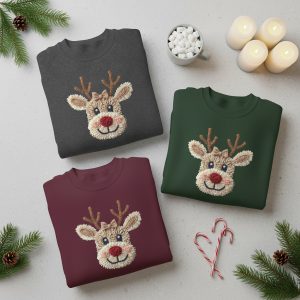 Youth Faux-Crochet Reindeer Christmas Sweatshirt - Dark Heather, Maroon, Forest Green - Cozy Youth Holiday Jumper for Family Photos & Gifts
